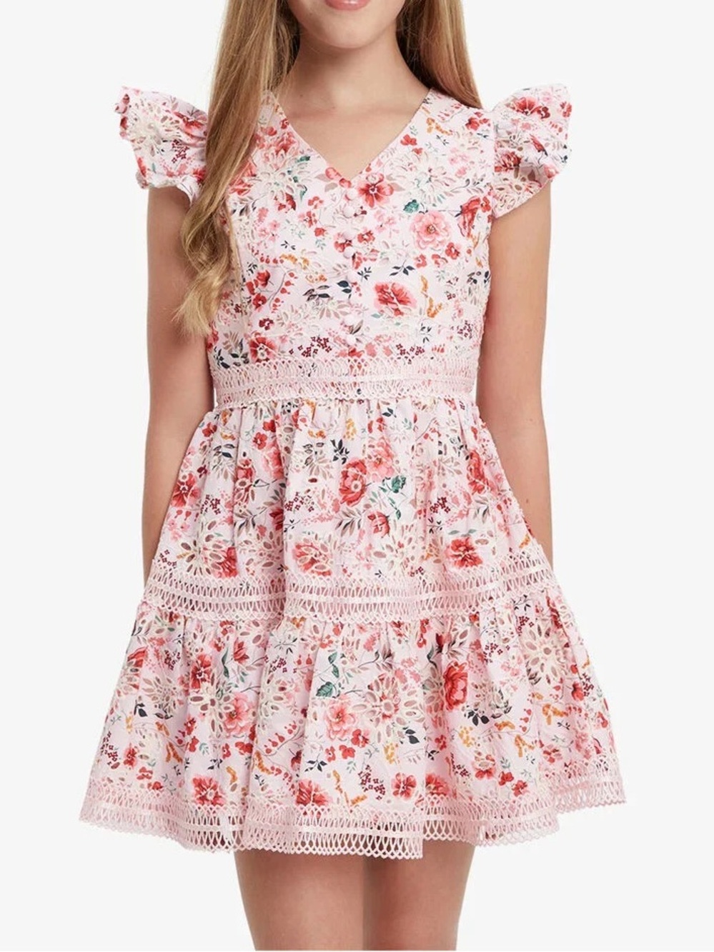 NWT Bardot Junior’s Zietta Pink Floral Lace-Trim Tiered Dress